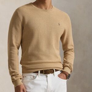 Polo by Ralph Lauren Men's Mesh Knit Cotton Crewneck Long Sleeve Tan Sweater